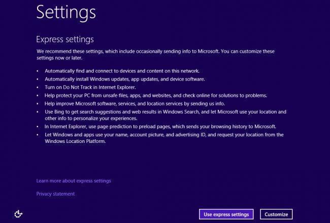 Choose, use express settings when installing windows